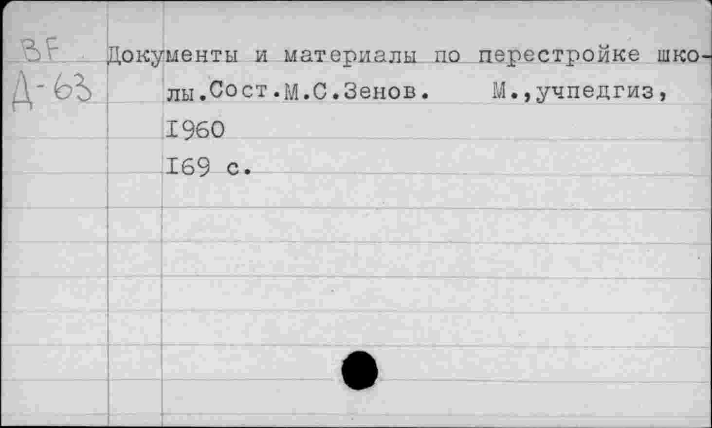 ﻿Документы и материалы по перестройке шко лы.Сост.М.С.Зенов. М.,учпедгиз, 1960 169 с.